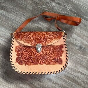 Authentic Mexican hand-tooled leather crossbody bag With Rose Motif